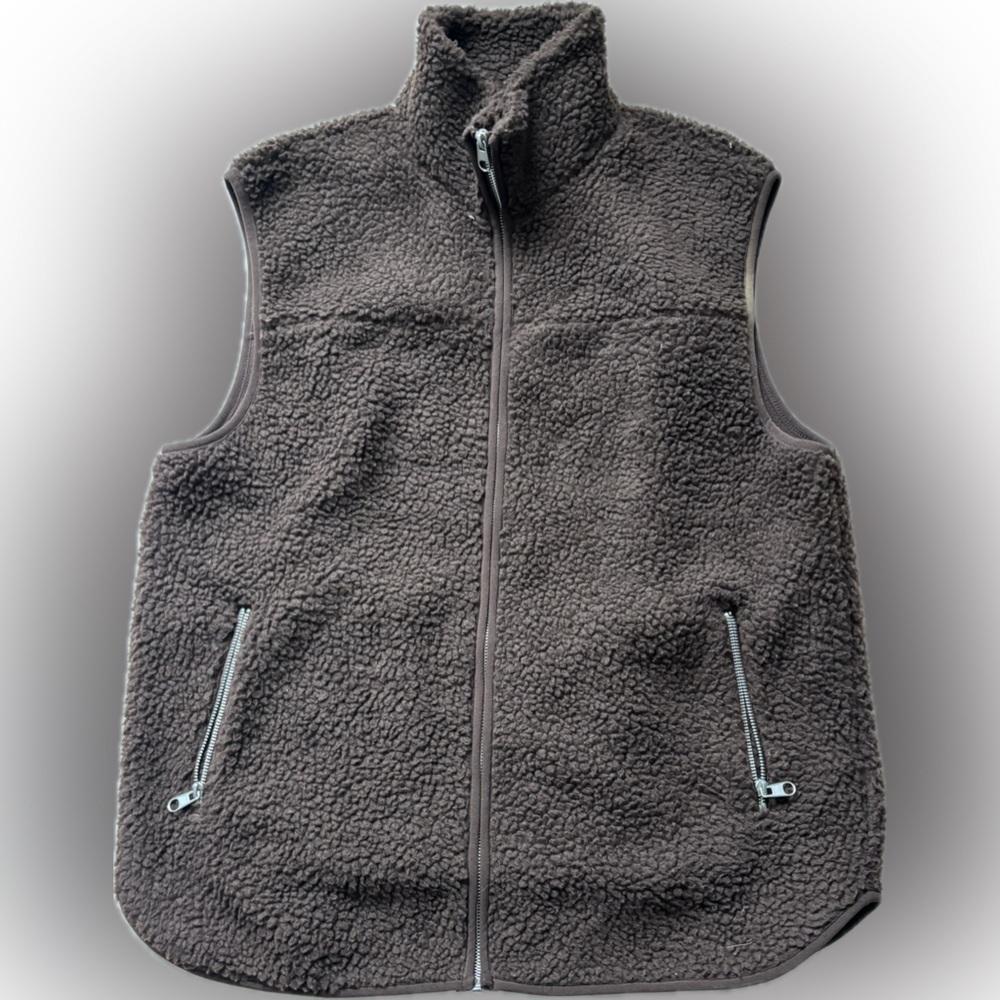 PIECES Cozy Brown Sherpa Teddy Vest with Pockets in Size L Oversized